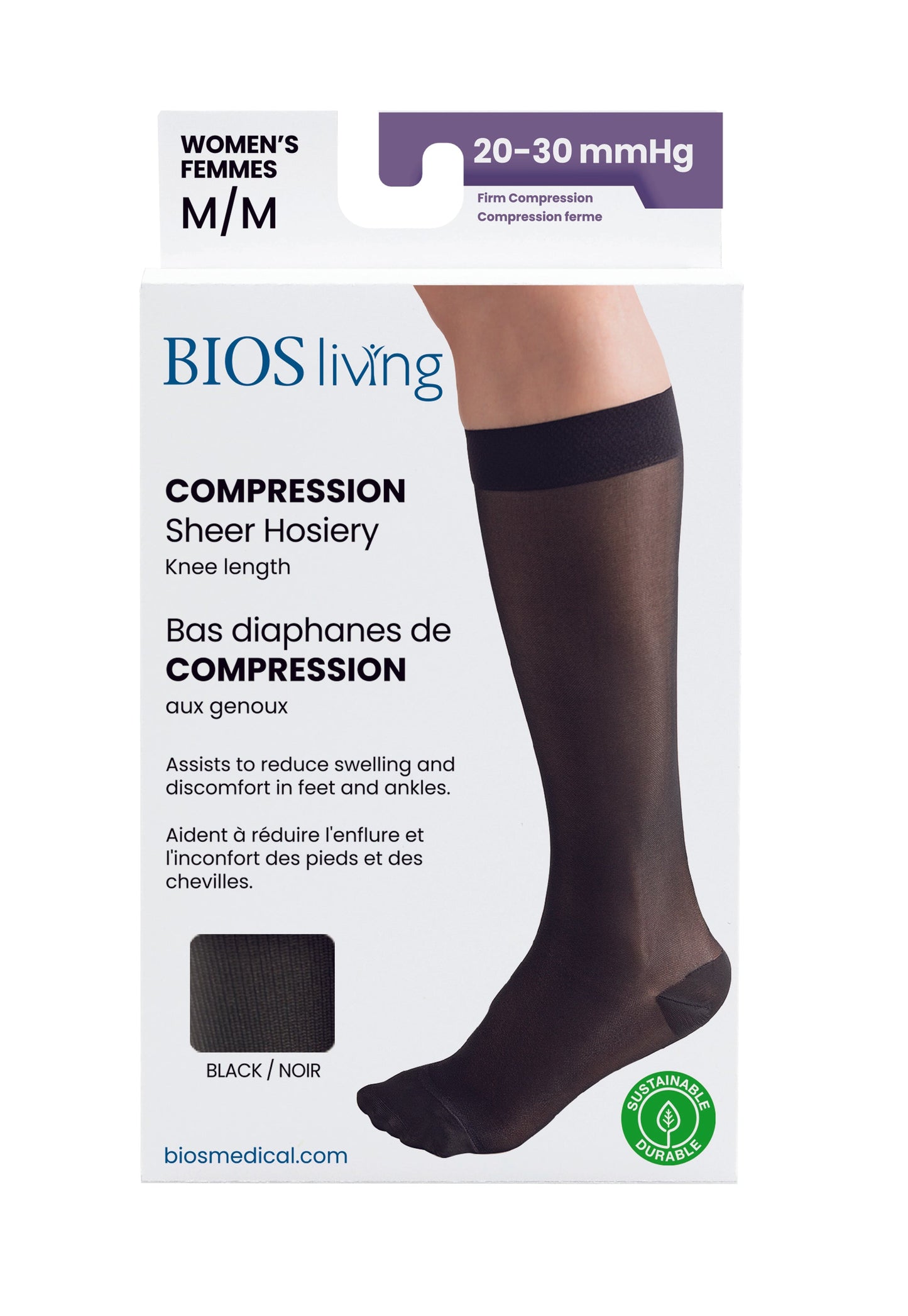 Women's Compression Knee Socks 20-30 mm Hg, Black Front Packaging Photo