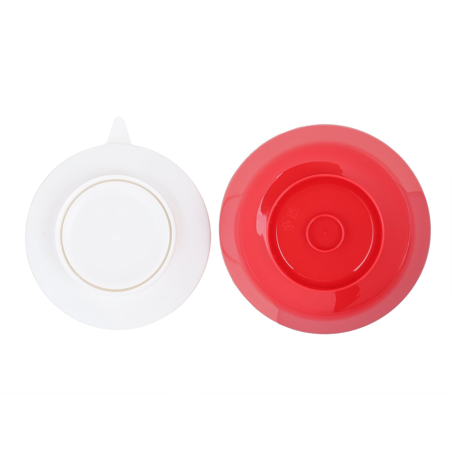 bottom view of the red scooper bowl with the white suction base detached