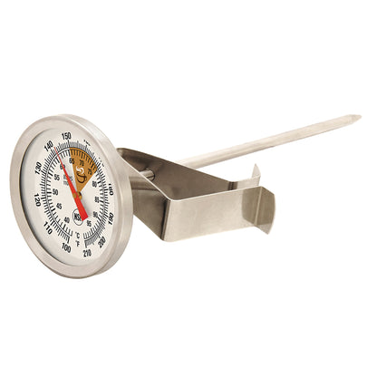 side view of the Cappuccino thermometer with its pan clip on the side