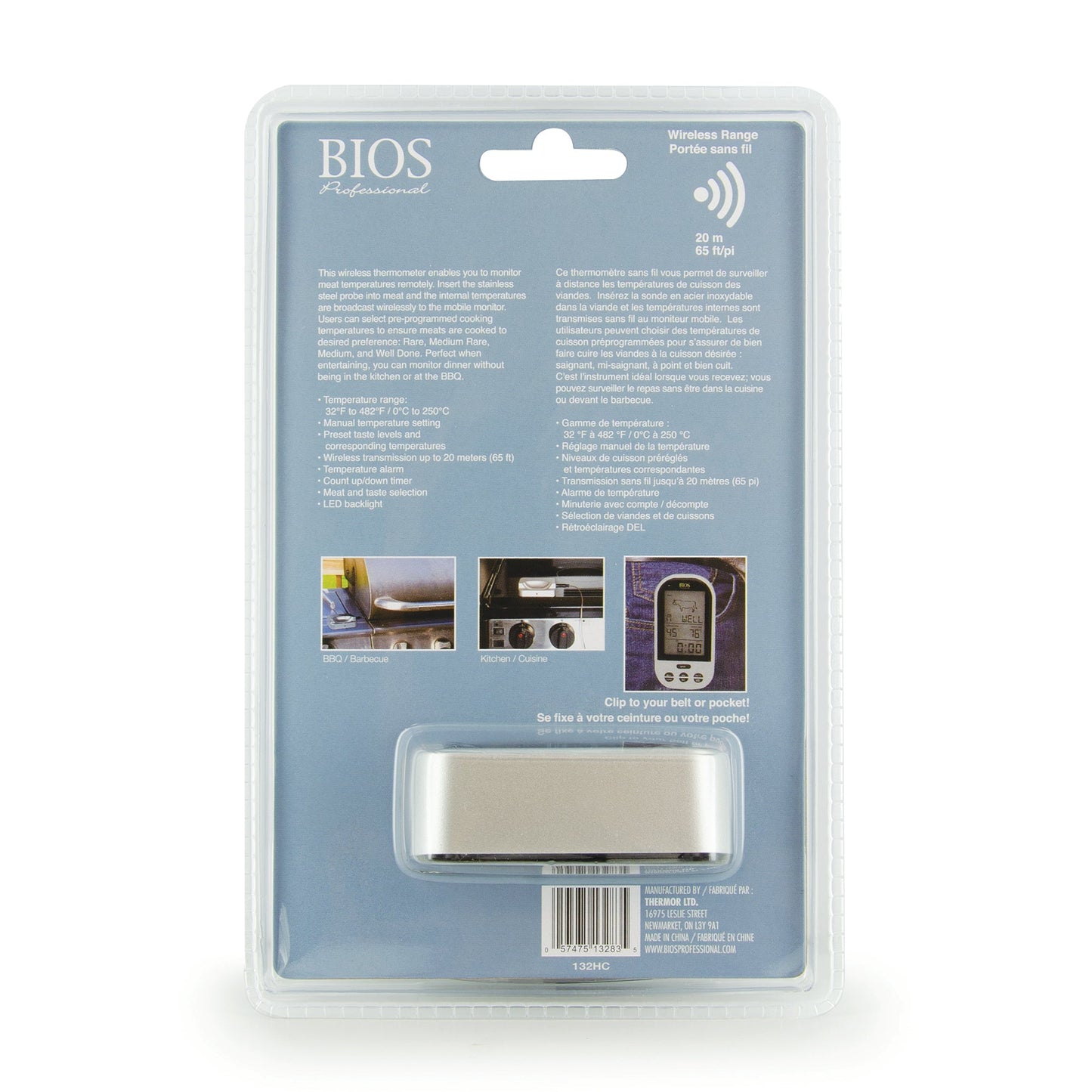 132HC Wireless Pre-programmed Thermometer back of retail packaging