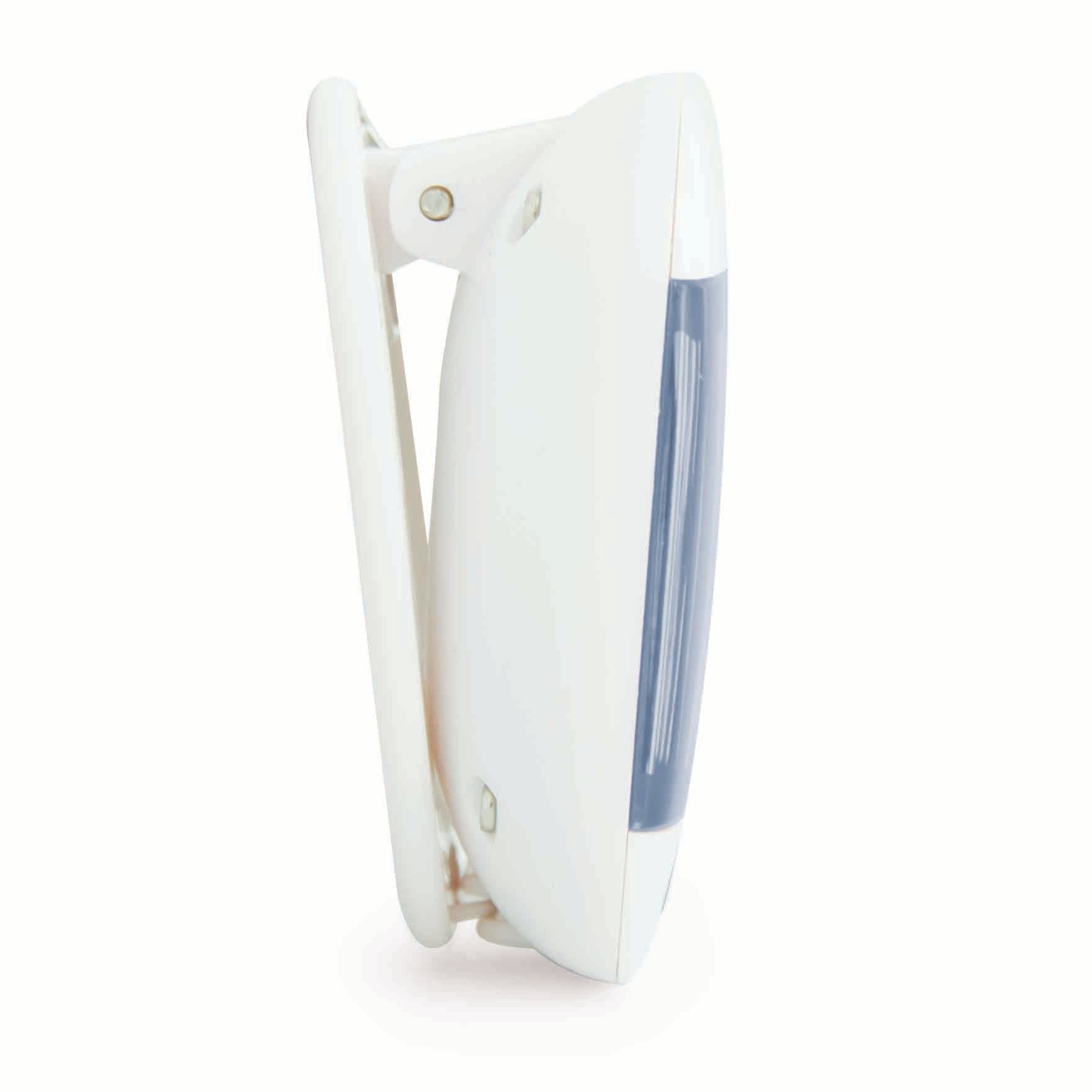 Side view of the white and blue pedometer