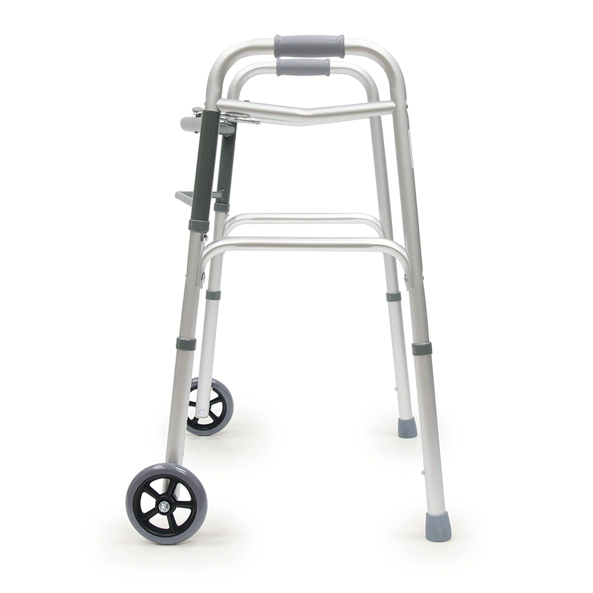 side view of a walker with the rubber tips on the legs