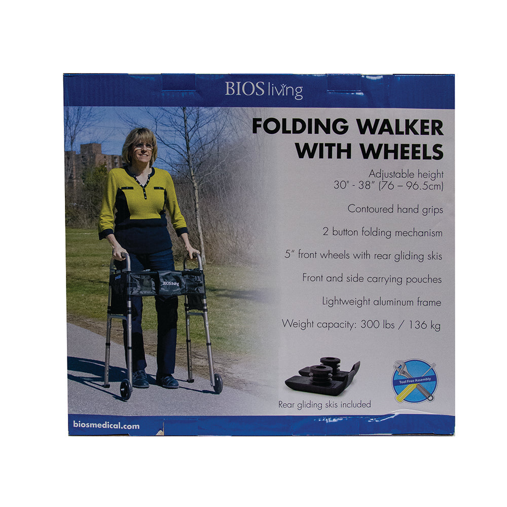 BIOS Living Deluxe Folding Walker with Wheels retail packaging