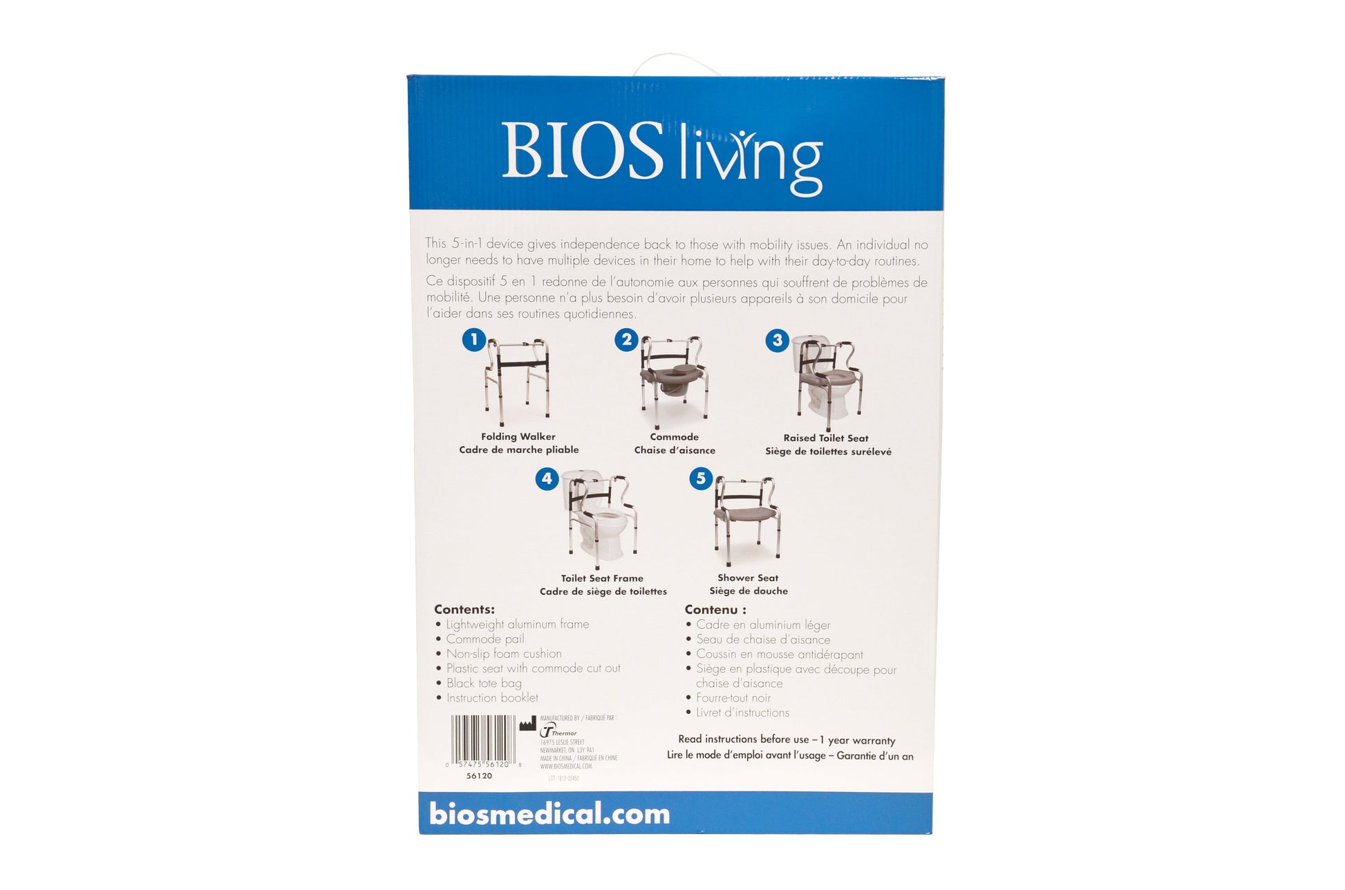 56120 BIOS Living 5-in-1 Mobility & Bathroom Aid Back of Retail Package