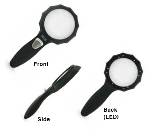 Multiple images of the Illuminated Magnifier, Front, Side and Back