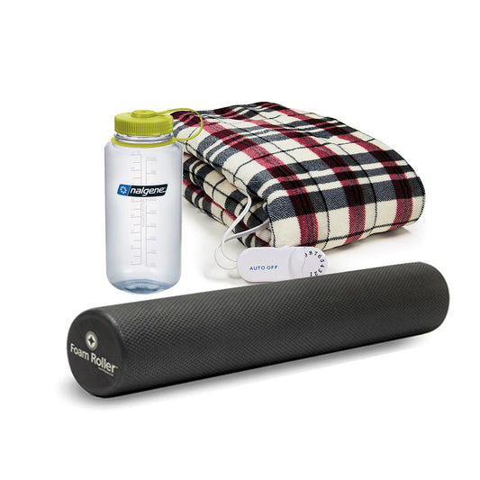 BIOS Living Relaxation Bundle, inlcuding 32 oz. Wide Mouth Nalgene Bottle in Clear, 36" Black Foam Roller & Microplush Heated Throw in Linen Plaid