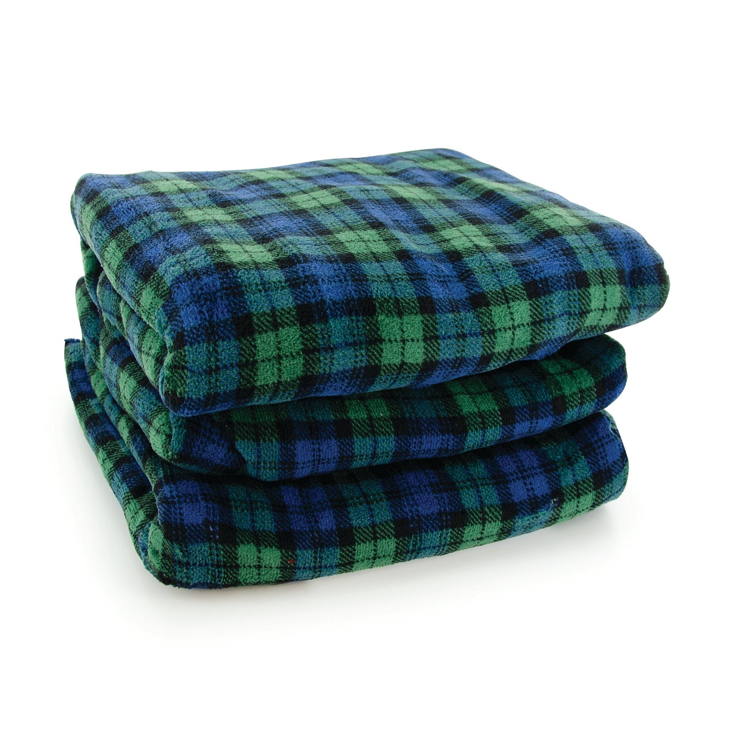 close up of blue and green plaid micro plush throw