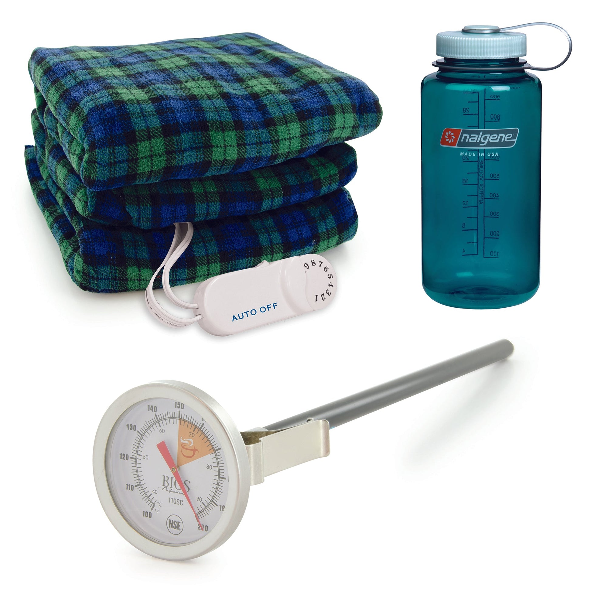 BIOS Living Relaxation Bundle, inlcuding 32 oz. Wide Mouth Nalgene Bottle in Trout Green, Microplush Heated Throw in Blue/Green Plaid & Cappuccino Thermometer with 8" Stem