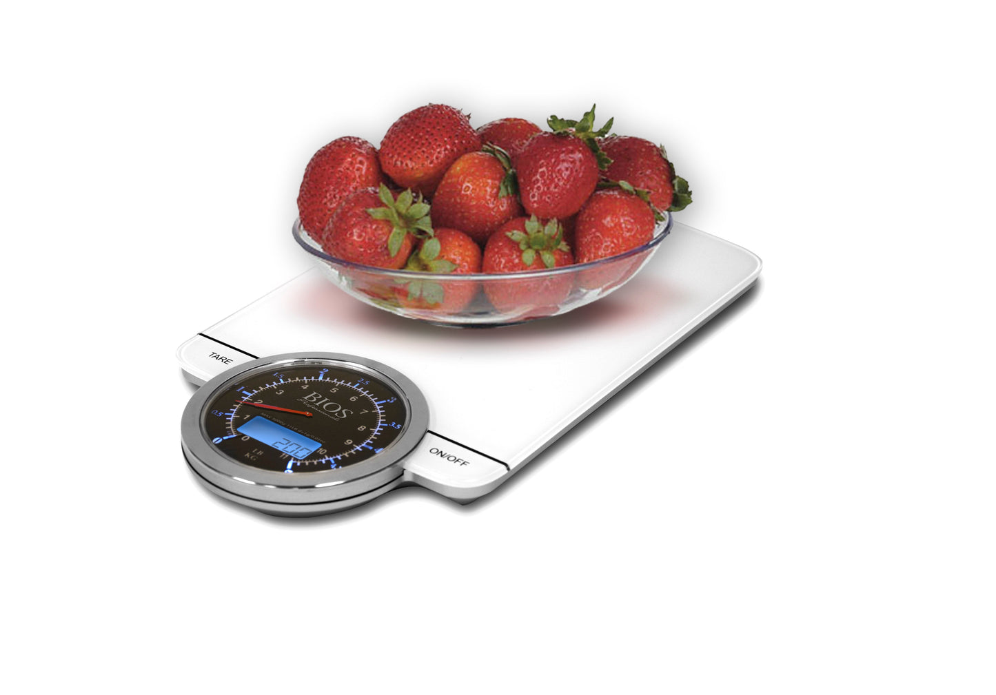 599SC Digital/Analog Kitchen Scale measuring a bowl of strawberries