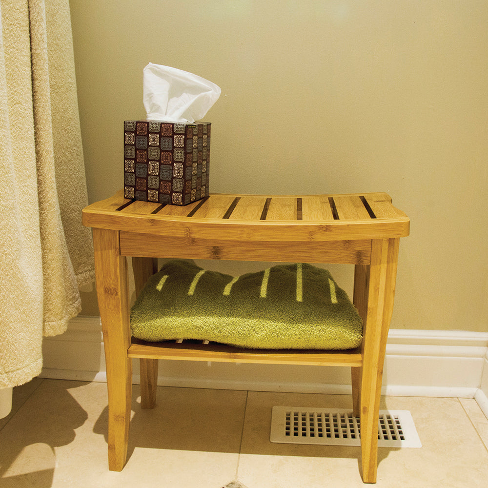 Bamboo Shower Bench with tissue and a towel