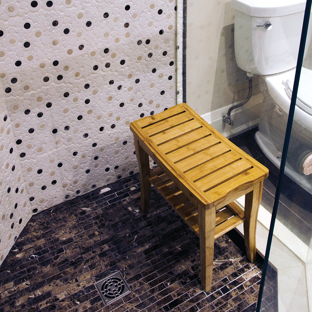 Bamboo Shower Bench in a shower stall