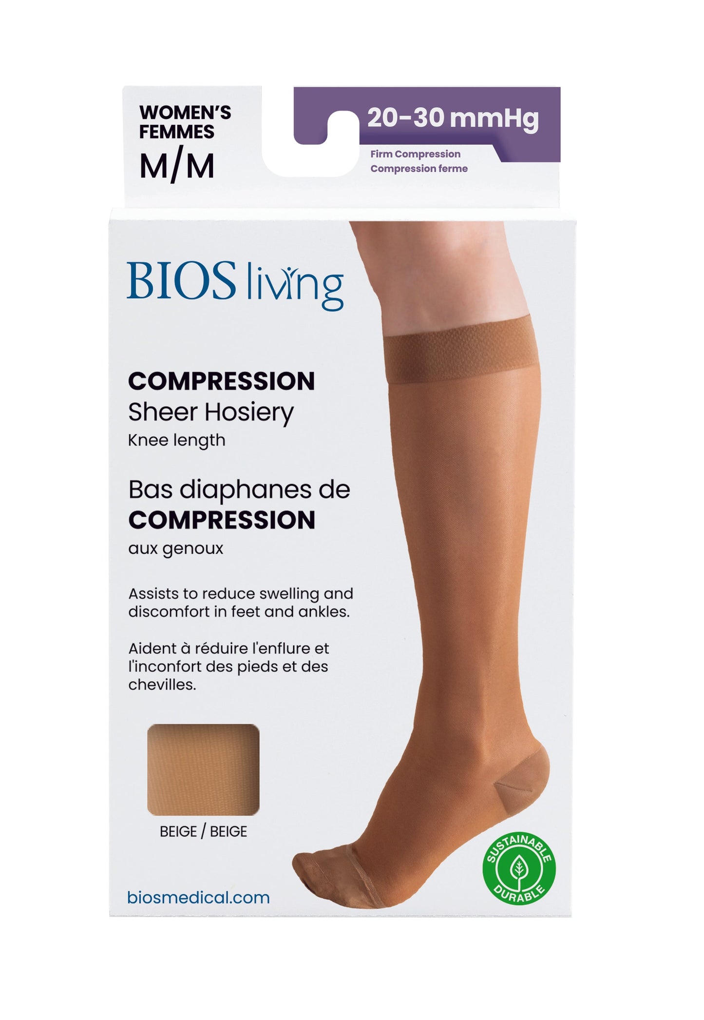 Women's Compression Knee Socks 20-30 mm Hg, Beige Front Packaging Photo