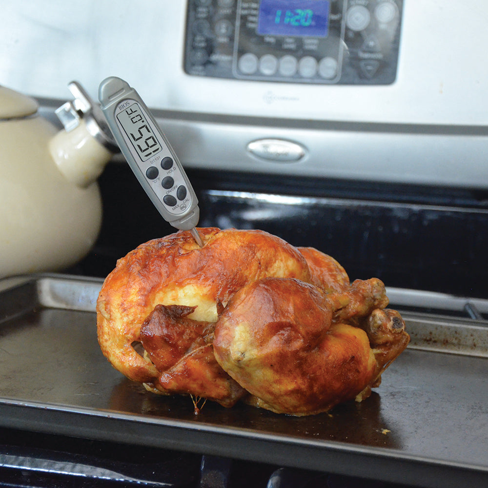 DT131 Waterproof Pocket Thermometer inserted in a cooked chicken