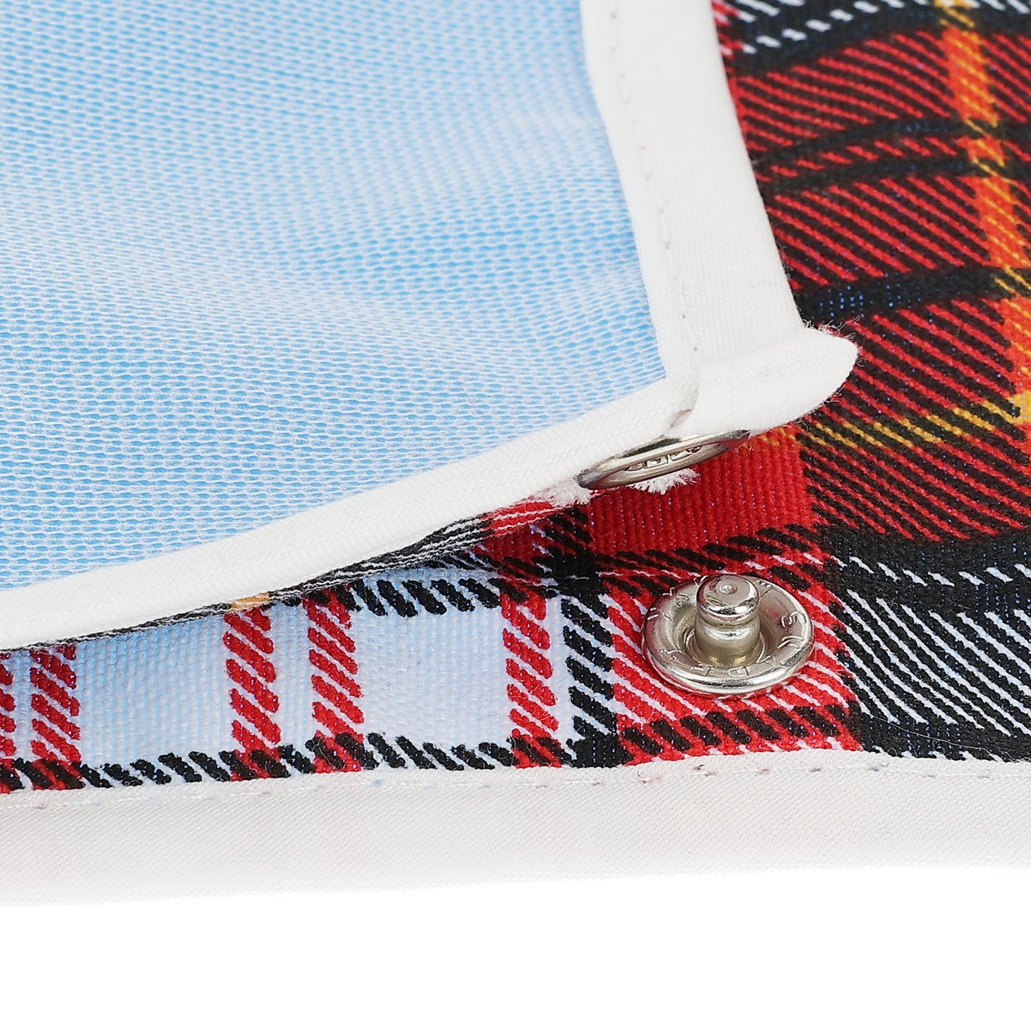 Red Plaid Clothing Protector Close Up Button Image