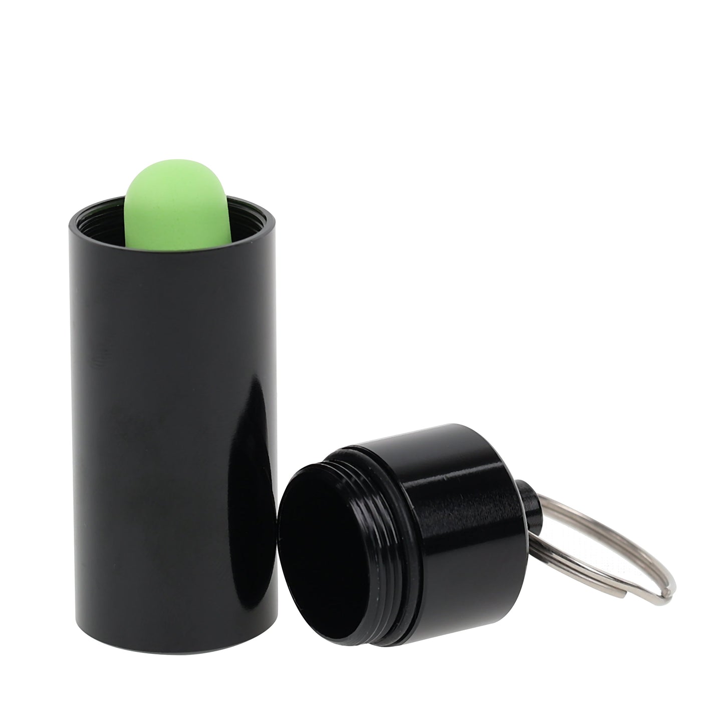 green tapered foam ear plug in a carrying keychain case