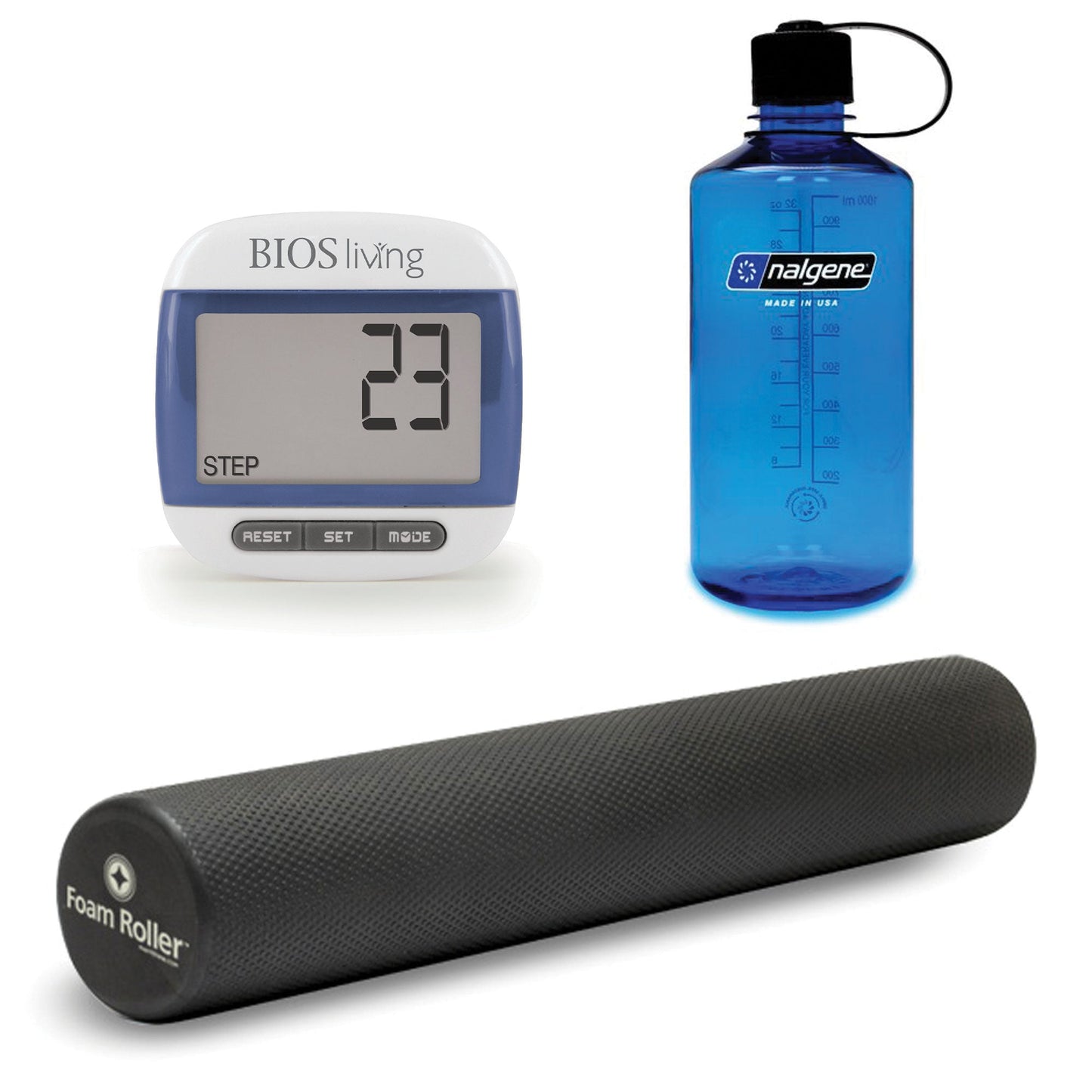 picture of BIOS Living Exercise Bundle, inlcuding 32 oz. Narrow Mouth Nalgene Bottle in Slate, 36" Black Foam Roller & Pedometer