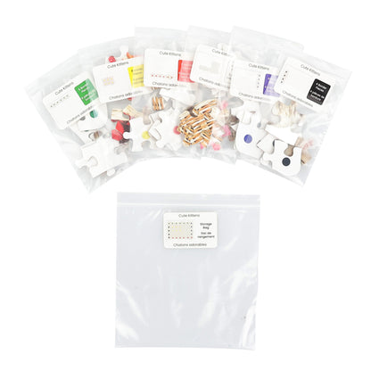 view of the storage bags and puzzle pieces organized by colour