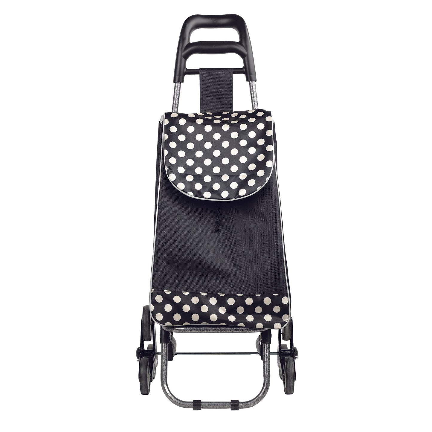 front view of the 3 wheels black polka dots shopping cart