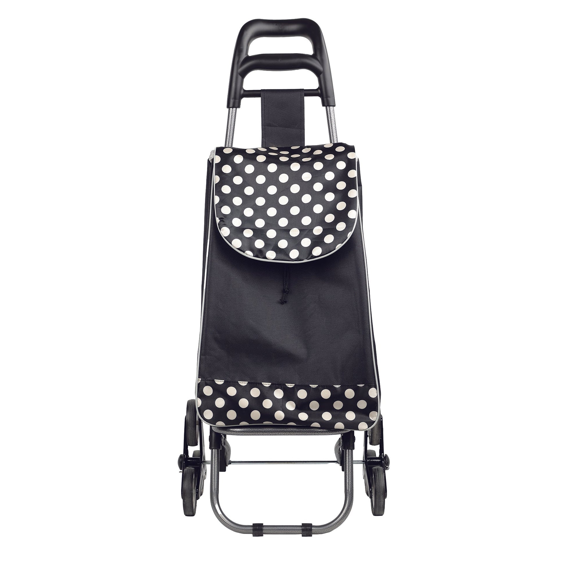 front view of the 3 wheels black polka dots shopping cart