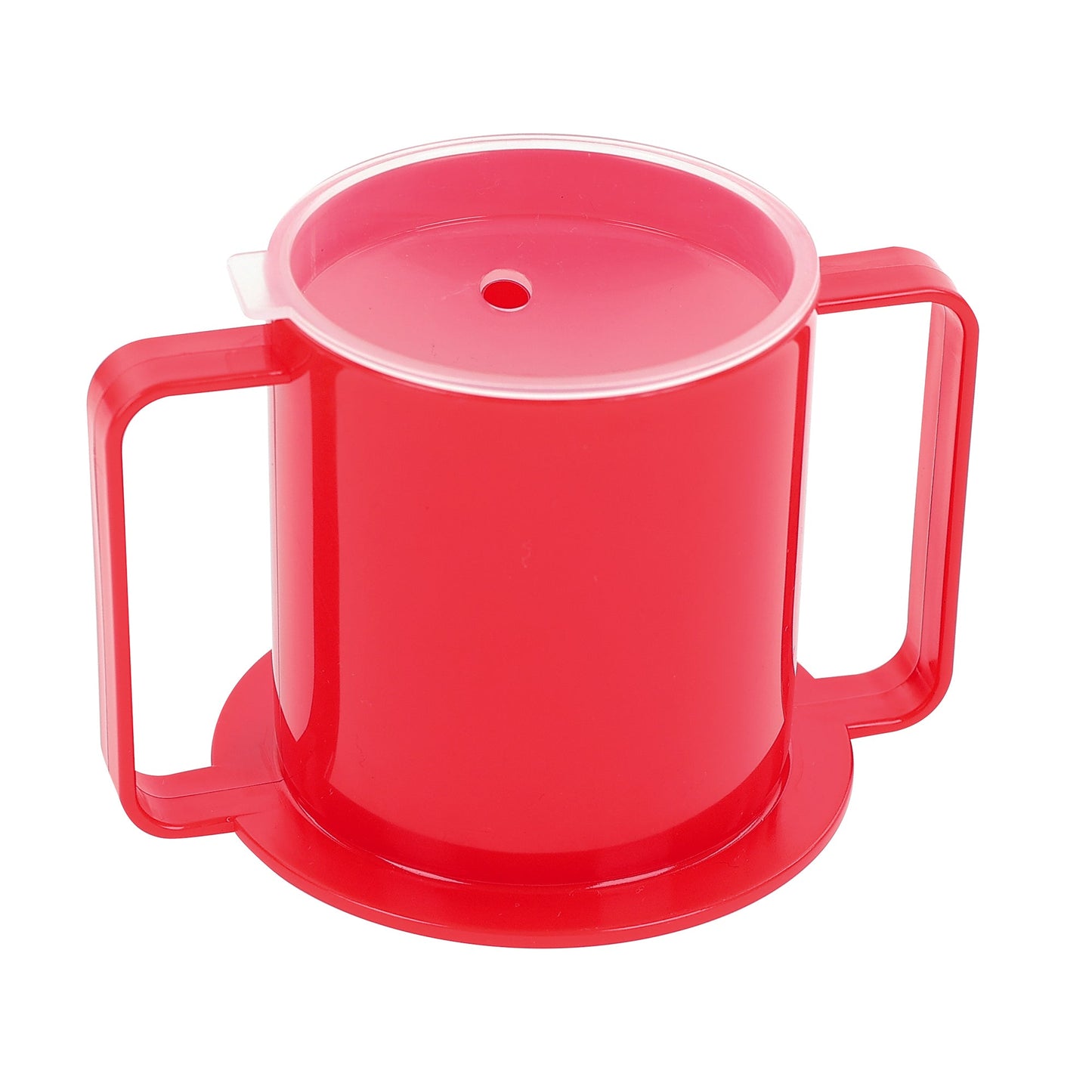 angle view of two handle mug with anti splash lid