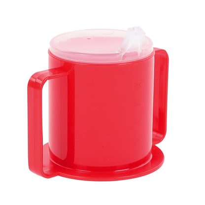 angle view of red two handle mug with spout lid