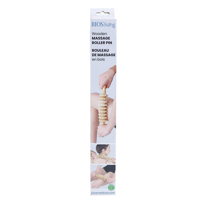 front view of packaging for the wooden massage roller pin