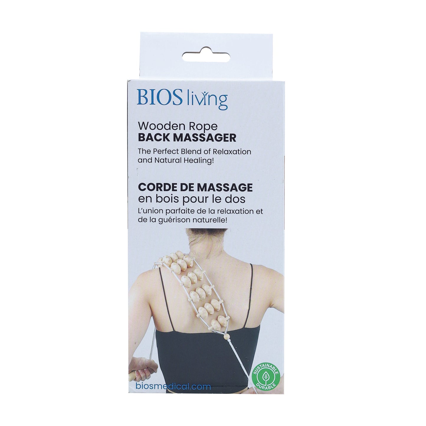 front view of the packaging of wooden rope massager