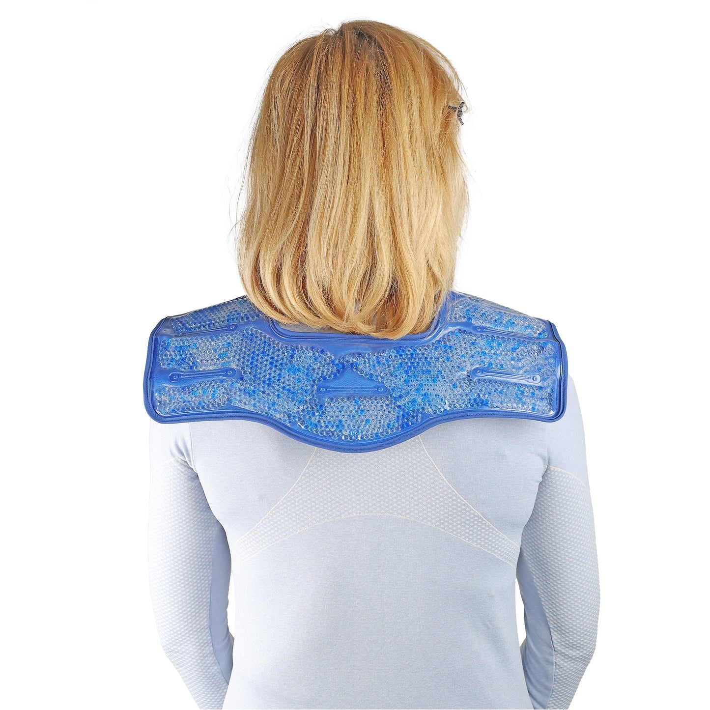 back view of a person wearing the gel bead shoulder wrap