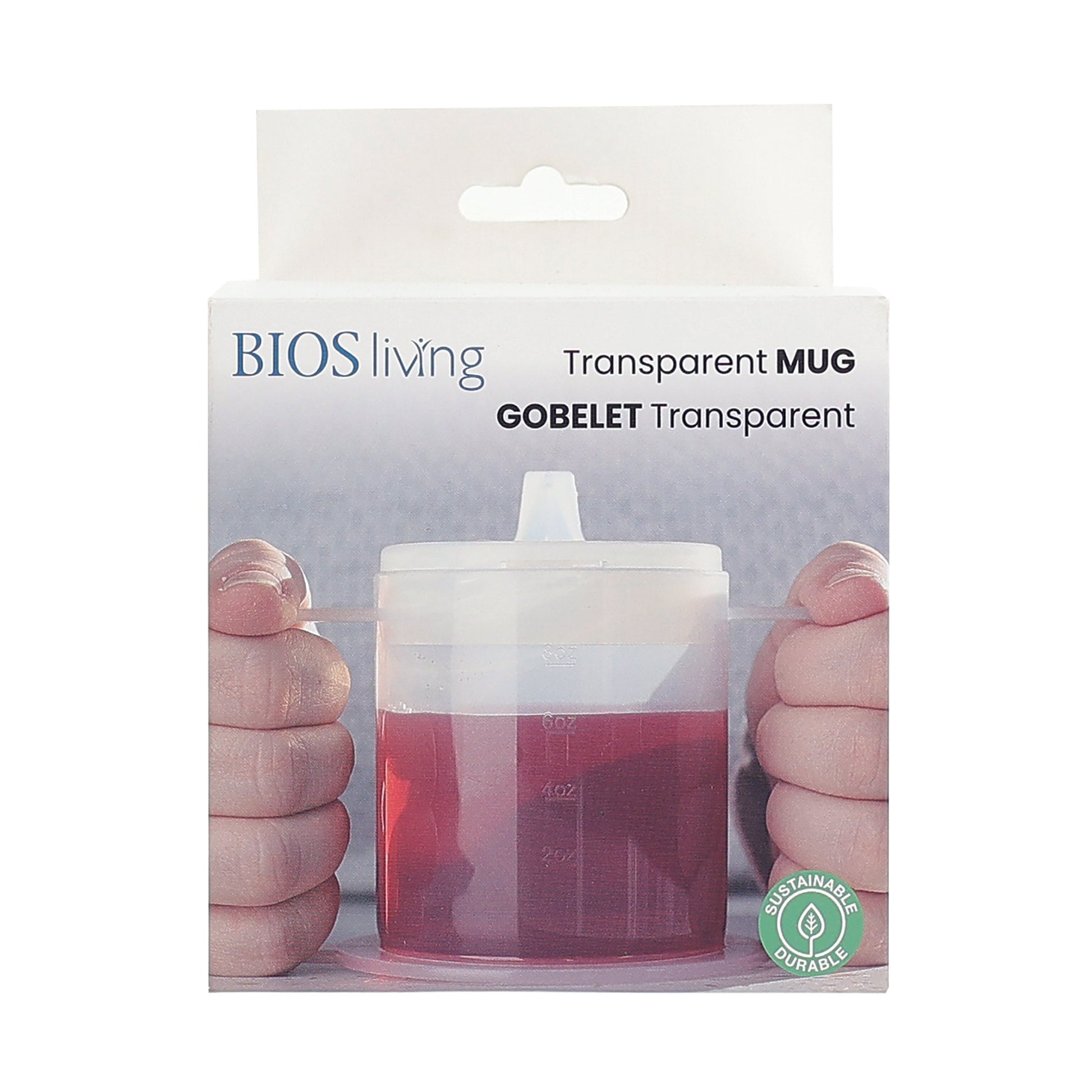 front view of the packaging of the transparent mug