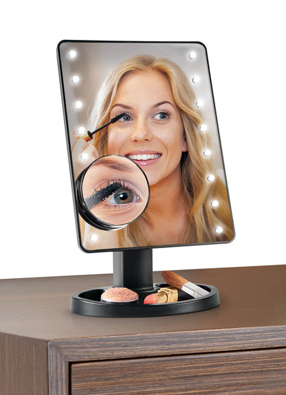 vanity mirror with a face reflection in it