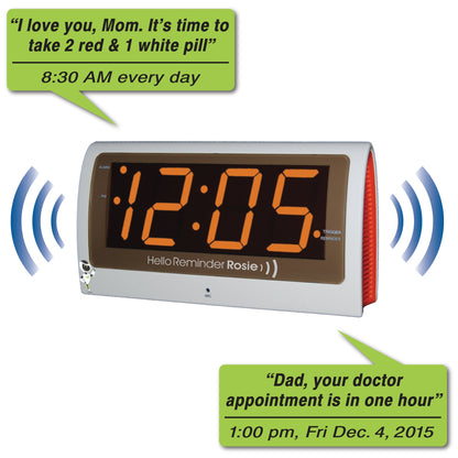 Reminder Rosie Personalized Voice Alarm Clock - side angle - captions showing what you can program into the clock